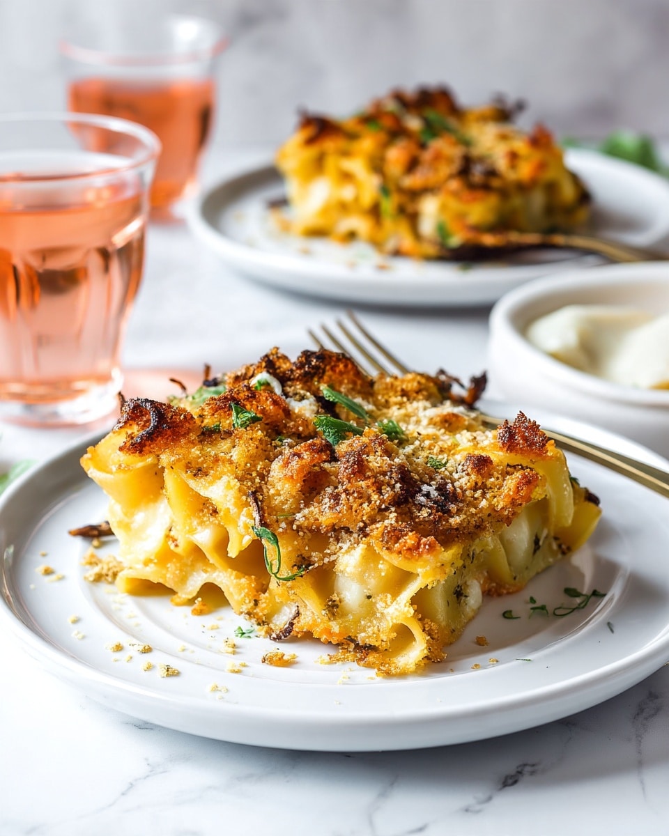 The image shows a piece of baked pasta on a white plate placed on top of another white plate, all set on a white marbled surface. The pasta layers are golden and slightly browned, with a mix of melted cheese and crispy breadcrumbs on top, giving it a crunchy texture. There are visible caramelized onion slices and small green herb bits scattered over the pasta. In the background, a glass of light pink drink and a bowl with some white sauce can be seen, along with another white plate holding more pasta. A fork rests on the plate with the pasta, angled towards the right side. Photo taken with an iphone --ar 4:5 --v 7
