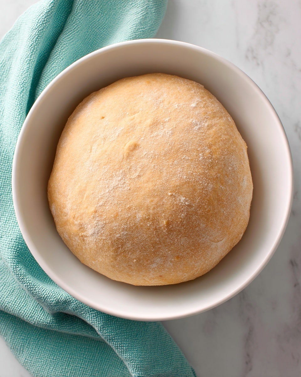 A single round ball of light tan dough sits centered in a smooth white bowl. The dough has a soft, slightly flour-dusted texture, with subtle color variations showing its hand-formed shape. The bowl rests on a white marbled surface, with a folded light teal cloth visible on the lower left side of the image. The photo is taken from directly above, capturing the simplicity and natural look of the dough. photo taken with an iphone --ar 4:5 --v 7