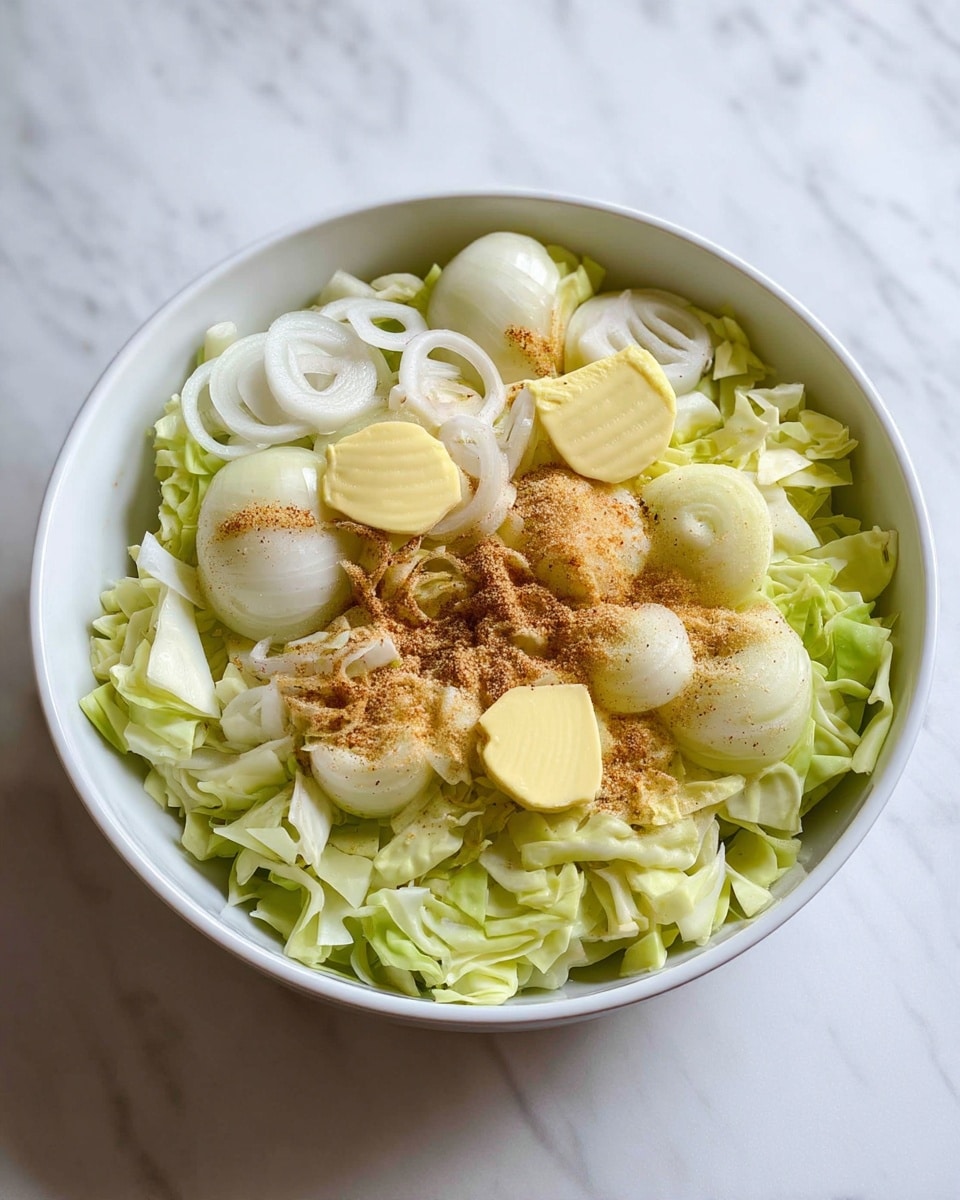 A white bowl filled with three layers: the bottom layer is chopped pale green cabbage leaves with ruffled edges; the middle layer is thin, white onion rings scattered evenly; the top layer has five small pale yellow butter pats placed around, sprinkled with brownish seasoning powder, creating a mix of soft, smooth, and slightly coarse textures. The bowl sits on a white marbled surface. photo taken with an iphone --ar 4:5 --v 7