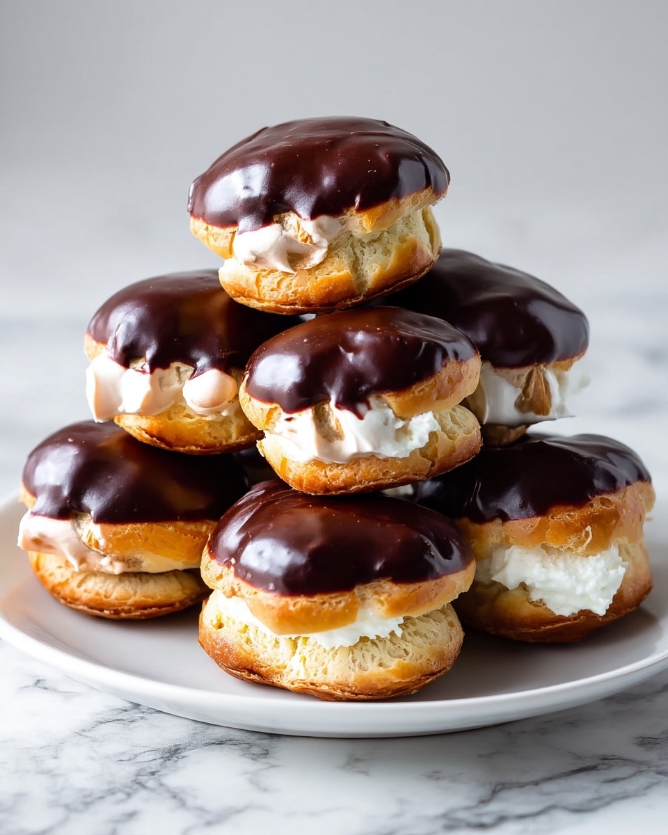 A white plate holds a stack of six small round cream puffs arranged in a pyramid shape. Each puff has a light golden brown bottom layer of soft pastry, a middle layer of white creamy filling that peeks through the sides, and a top layer covered with glossy dark chocolate. The plate is set on a white marbled surface with a plain white background. photo taken with an iphone --ar 4:5 --v 7