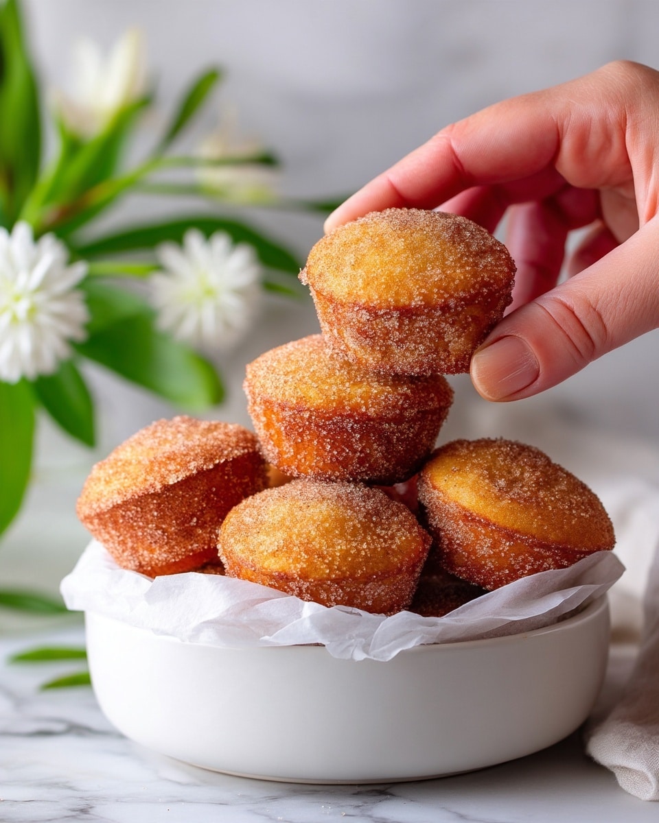 Mini Cinnamon Muffins Recipe 4 A close-up image shows a woman's hand holding a small, round muffin covered in a layer of sugar and cinnamon. Several more muffins with the same golden brown color and sugar coating are stacked closely together in a white bowl lined with white parchment paper. The muffins have a slightly rough texture from the sugar coating and a soft, fluffy appearance. A blurred white flower and green leaves can be seen in the background against a white marbled surface. Photo taken with an iphone --ar 4:5 --v 7