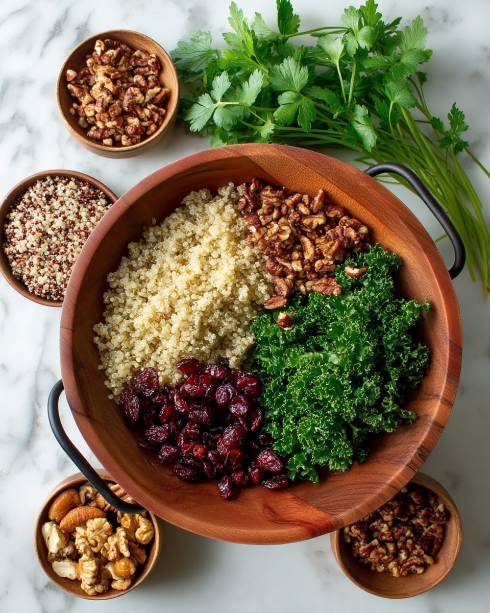Cranberry Kale Quinoa Salad with Candied Pecans and Feta Recipe 4 A round wooden bowl with black handles holds a salad arranged in four sections: the bottom left contains light beige and reddish quinoa, the bottom right holds small chopped brown nuts, the top right has bright green curly kale, and the top left shows dark red dried cranberries on a bed of quinoa. Surrounding the bowl are three smaller wooden bowls filled with mixed quinoa, chopped nuts, and kale. Fresh parsley with bright green leaves is placed near the top of the bowl. The scene is set on a white marbled surface. photo taken with an iphone --ar 4:5 --v 7