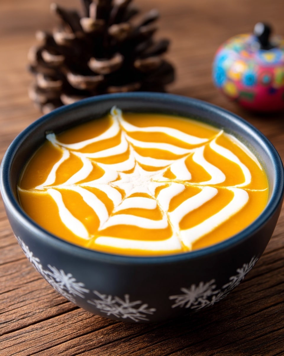 A dark blue bowl filled with bright orange creamy soup has a white cream design layered on top, shaped like a web with alternating orange and white curved lines spreading out from the center. The bowl sits on a wooden surface, and the background shows a blurred white marbled texture with a dark brown pine cone and a colorful small Dia de los Muertos decoration visible in soft focus. Photo taken with an iphone --ar 4:5 --v 7