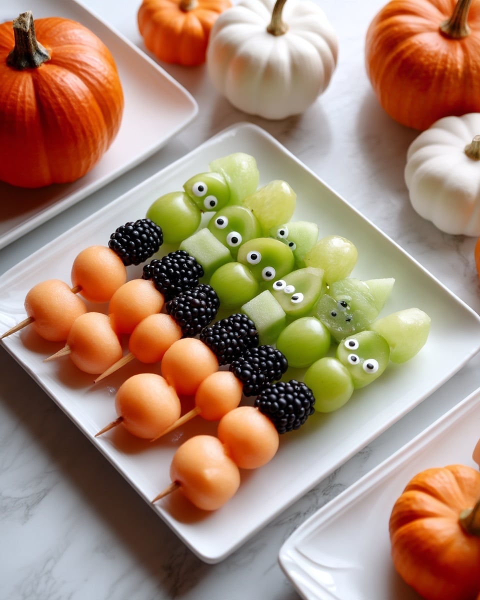 Spooky Fruit Kabobs Recipe 5 A close-up image of a fruit skewer held by a woman's hand at the top and another woman's hand at the bottom, with the skewer showing five pieces of fruit from top to bottom: a green grape with small white candy eyes, a black blackberry, an orange melon ball, another black blackberry, and an orange melon ball. In the background, there are clear bowls filled with blackberries and green grapes placed on a white marbled surface. Photo taken with an iphone --ar 4:5 --v 7