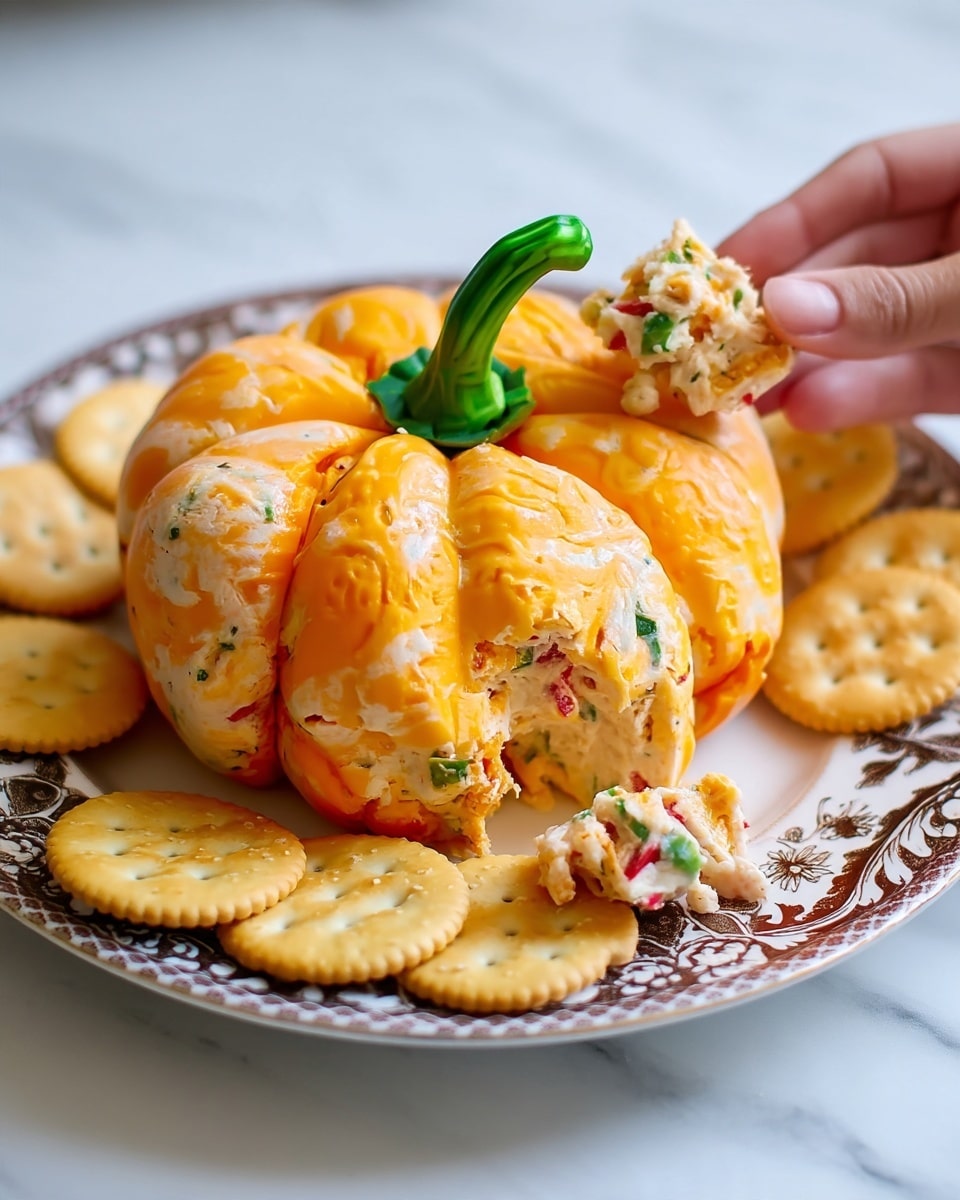 Pumpkin-Shaped Cheeseball Recipe 5 A cheese ball shaped like a pumpkin, bright orange on the outside with a smooth, slightly textured surface and a green stem on top. One slice is taken out to show a creamy inside mixed with small bits of green herbs and red pieces, creating a colorful contrast. Around the pumpkin cheese ball are round, pale golden crackers arranged in a circle on a white plate with a dark floral pattern. A woman's hand is holding a cracker topped with some of the cheese, showing the soft, mixed filling clearly. The whole scene is on a white marbled surface. photo taken with an iphone --ar 4:5 --v 7
