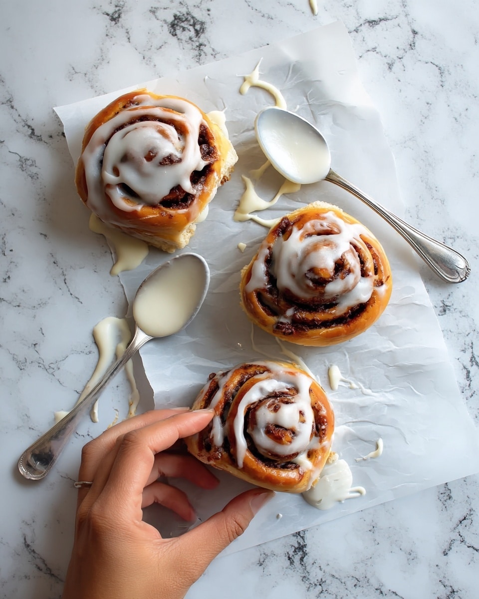 No Knead Cinnamon Rolls Recipe 5 The image shows a white parchment paper laid on a white marbled surface with three cinnamon rolls in different states. One cinnamon roll is whole and topped with smooth white icing that drips a little on the paper. Another cinnamon roll is partly unrolled, revealing the swirled dark brown cinnamon filling inside a golden-brown baked dough, with some icing melting on and around it. A silver spoon with white icing on it rests on the parchment, and a woman's hand is gently holding the unrolled piece of cinnamon roll. The overall look is warm and inviting, with a mix of creamy, brown, and golden colors. photo taken with an iphone --ar 4:5 --v 7