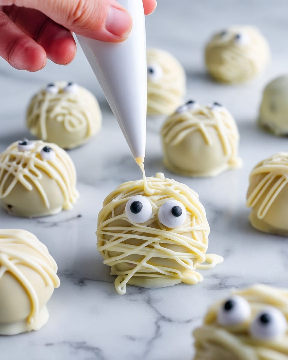 The image shows several round white chocolate covered treats on a white marbled surface. One treat in the center is decorated like a mummy, with a layer of white chocolate drizzled on top in thin, irregular lines to look like wrapped bandages. Two large candy eyes with black pupils sit on the mummy's face, giving it an animated look. A woman's hand holding a white piping bag is seen adding more drizzle on the mummy. The other treats around it are smooth, round, and covered in white chocolate without decoration. Photo taken with an iphone --ar 4:5 --v 7