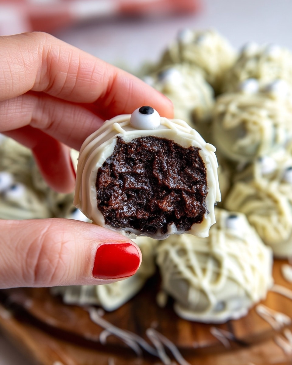 A close-up of a woman's hand with red nail polish holding a round treat with a bite taken out, showing a thick, dark brown, moist center. The treat is coated in a smooth layer of white chocolate with thin white chocolate drizzle lines on the outside, and small candy eyes on top. More of these treats with white chocolate coating and candy eyes are in the blurred background on a wooden surface. The overall color contrast is mainly white and dark brown with a hint of red from the nail polish. photo taken with an iphone --ar 4:5 --v 7