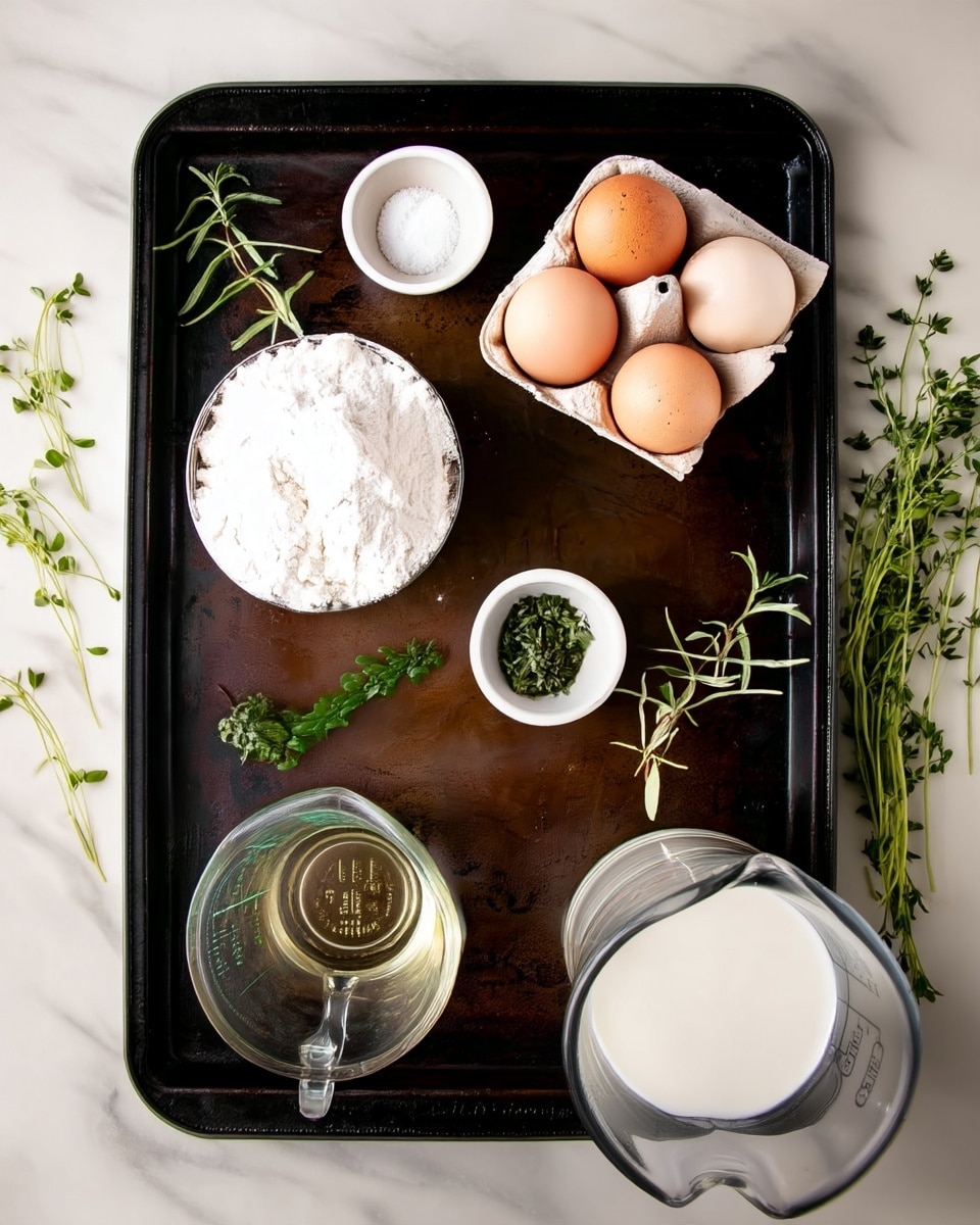 A dark metal tray holds several ingredients arranged neatly on a white marbled surface. In the top right corner, a beige egg carton contains four brown eggs with smooth shells. Near the top center, a small white bowl is filled with white salt. Next to it on the left, a clear glass bowl holds a heap of white flour with soft texture. Two small white bowls contain green fresh herbs, one finely chopped and the other whole sprigs. At the bottom left, a clear glass measuring cup holds a pale yellow liquid, while on the bottom right, another clear measuring cup is filled with white milk. The tray is surrounded by scattered fresh herb sprigs. photo taken with an iphone --ar 4:5 --v 7
