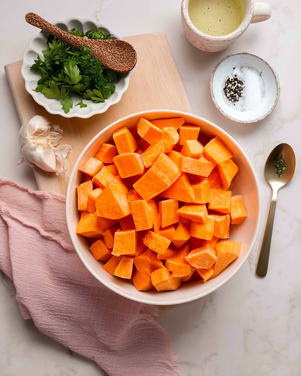A white bowl filled with many orange sweet potato cubes with skin, sitting on a pale pink cloth on a white marbled surface; near the bowl is a wooden board holding a small white scalloped bowl of fresh green parsley with a wooden spoon, three garlic cloves on the board, a small white bowl with salt and pepper, a white cup filled with cheese flakes, a gold spoon with green herbs, and a small ceramic cup with light green liquid. photo taken with an iphone --ar 4:5 --v 7