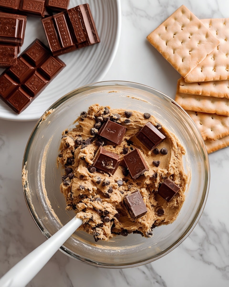 Bakery Style S'mores Cookies Recipe 4 A clear glass bowl holds thick, light brown cookie dough mixed with many dark brown chocolate chips. A white spatula rests inside the bowl, partially covered by the dough. In the upper part of the image, a white plate sits on a white marbled surface, holding several pieces of broken milk chocolate squares and beige crackers. The background is a white marbled texture with subtle grey veining. photo taken with an iphone --ar 4:5 --v 7