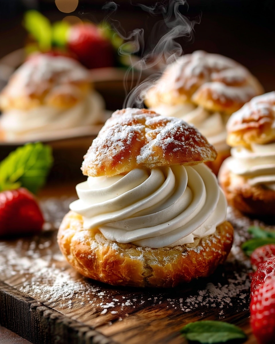 A close-up of a cream puff with a flaky, golden-brown pastry split into two layers; the bottom layer is thick and slightly cracked, topped with a large swirl of smooth, white whipped cream, and the top layer rests lightly offset, dusted with powdered sugar. In the background, more cream puffs are slightly out of focus, set on a dark wooden surface, with fresh red strawberries and green leaves adding color in soft, blurred light. Thin wisps of steam rise from the cream puff, suggesting warmth. Photo taken with an iphone --ar 4:5 --v 7
