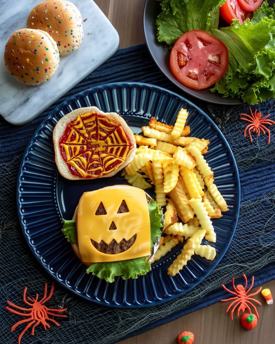 Jack O' Lantern Cheeseburger Recipe 5 A dark blue plate holds a burger and crinkle-cut fries on a dark blue napkin, all set on a wooden surface. The burger has a bottom bun with green lettuce, a beef patty topped with a yellow cheese slice carved like a jack-o’-lantern face, and the top bun is lifted to show a spider web pattern made of ketchup and mustard. The fries are golden and crispy, piled next to the burger. Nearby, a black plate with green lettuce leaves and red tomato slices sits on a white marbled textured surface. The surroundings have small pumpkin-shaped candies and black and orange plastic spiders, adding a Halloween theme. A pack of white burger buns with colorful polka dots is partially visible. Photo taken with an iphone --ar 4:5 --v 7