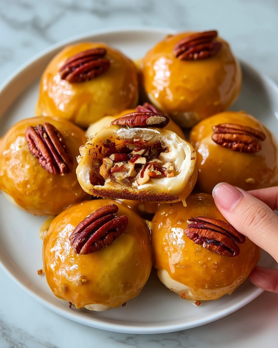 The image shows many small round cookies with a smooth, shiny light brown glaze on top. Each cookie has a whole pecan placed in the center of the top layer. One cookie is broken in half, revealing a soft, moist inside filled with chopped pecans and a darker brown filling. The cookies are arranged closely together on a flat white marbled surface with a few loose pecans scattered around. The lighting is soft, highlighting the glossy texture of the glaze and the nut details on each cookie. photo taken with an iphone --ar 4:5 --v 7