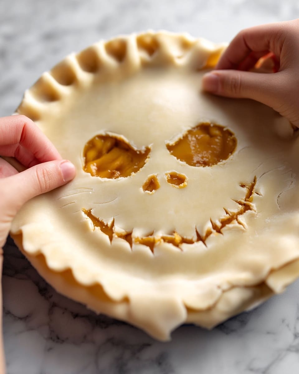 Jack Skellington-Inspired Pumpkin Caramel Pie Recipe 4 A round pie with two layers is shown, on the bottom is a golden brown filling visible through cut-out shapes on the top layer. The top layer is pale, smooth dough with a larger oval cut-out for one eye, a smaller oval cut-out for the other eye, two small round cut-outs for the nose, and a big curved cut-out with small vertical cuts that look like stitched teeth to form a smiling face. A woman's hand is pinching and folding the edges of the pie crust, which curls slightly upwards around the pie rim. The pie rests on a surface with a white marbled texture. photo taken with an iphone --ar 4:5 --v 7
