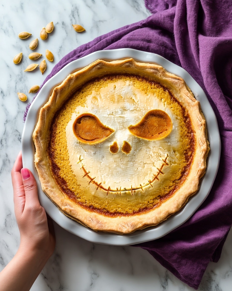 Jack Skellington-Inspired Pumpkin Caramel Pie Recipe 5 A round pie with a smooth, light golden crust forms the base layer, sitting in a white pie dish. The crust edge is slightly thicker and crimped around the pie’s border. On top, the design of a spooky face is carved out, showing two large teardrop-shaped eyes, two small nostrils, and a wide stitched smile with short lines crossing the mouth in a curved shape. The carved areas reveal a rich, dark orange filling beneath the crust. The pie rests on a white marbled surface partially covered by a folded purple cloth cloth and nearby are three pumpkin seeds. The scene includes a woman's hand adjusting the pie dish on the side. Photo taken with an iphone --ar 4:5 --v 7