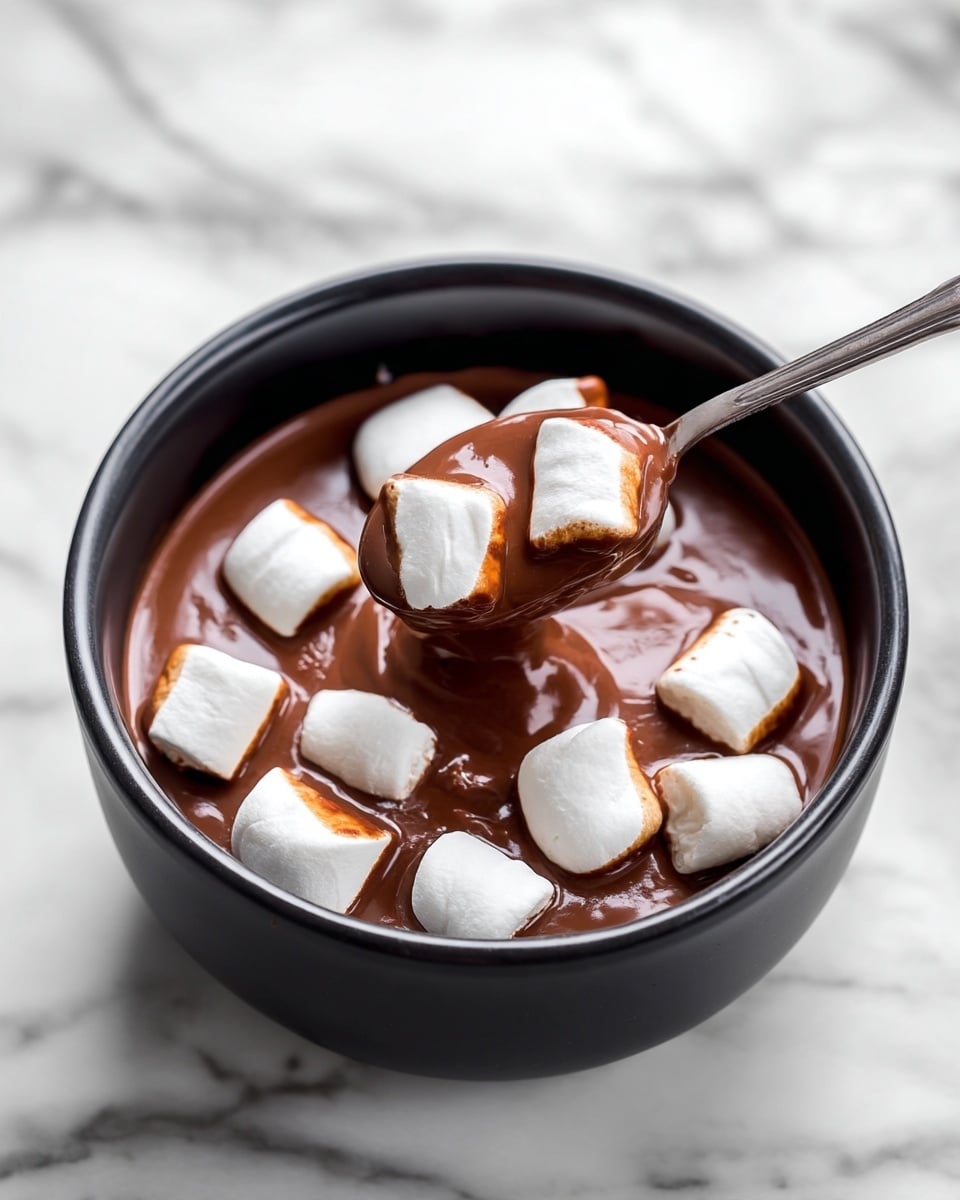 This image shows a close-up of a black bowl filled with smooth, melted chocolate with white marshmallows floating on top. Each marshmallow is dipped partially in the chocolate, creating a mix of white and rich brown on their soft texture. There is a silver spoon scooping some marshmallows and chocolate from the bowl, showing the thick, creamy chocolate coating the marshmallows. The background is a white marbled surface, adding a clean and bright feel to the scene. Photo taken with an iphone --ar 4:5 --v 7