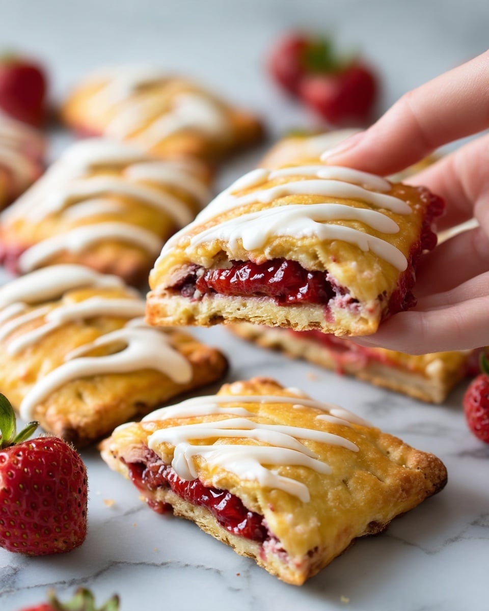 The image shows square-shaped pastries with a golden-brown crust, arranged on a white marbled surface. Each pastry has three layers: the bottom and top layers are light golden pastries with a slightly rough texture, and the middle layer is a dark red, glossy strawberry filling that looks soft and thick. A woman's hand is holding one pastry that is broken in half, revealing the bright red filling inside. All pastries have a white icing drizzle on top in uneven diagonal lines, adding a smooth texture contrast. There are more pastries blurred in the background, and a few whole strawberries are visible on the white marbled surface. Photo taken with an iphone --ar 4:5 --v 7