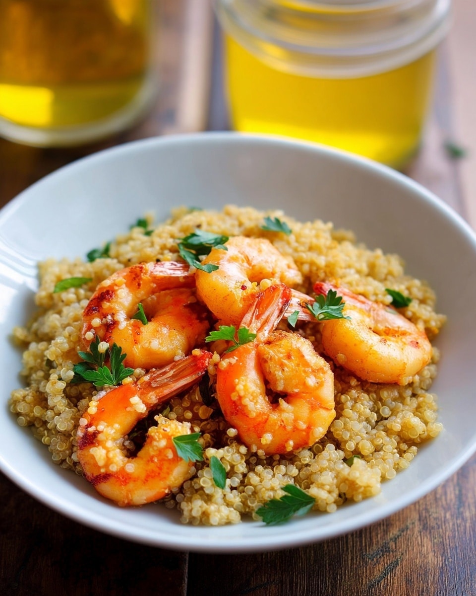A white bowl holds a dish with two main layers: the bottom layer is light tan quinoa with a grainy texture, and on top are several large orange shrimp with a slightly shiny surface, scattered unevenly. Small green parsley leaves are sprinkled on the quinoa and shrimp, adding spots of green color. The bowl is on a wooden table, with two blurred glass cups, one clear and one with yellow liquid, in the background. The photo taken with an iphone --ar 4:5 --v 7