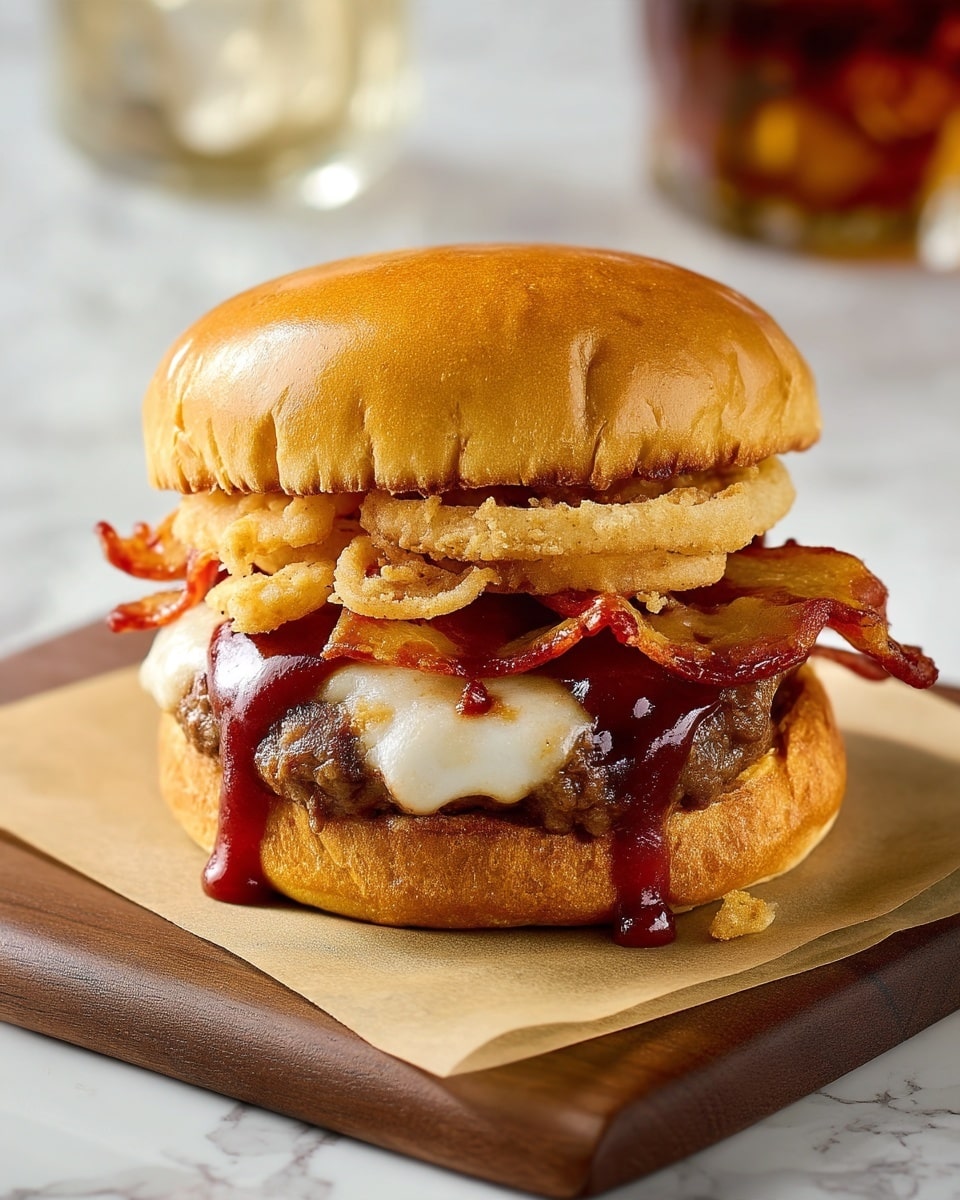 A close-up view of a burger with five visible layers stacked inside a shiny golden-brown bun. The bottom layer is the soft bun base, topped by a thick, juicy beef patty with melted white cheese oozing slightly over its edges. Above the cheese, there is a crisp slice of bacon, then a layer of thin crispy fried onions. The top shiny bun gently rests over the crispy onions, with red ketchup visibly dripping from the sides. The burger sits on a white marbled surface with two more identical burgers blurred in the background. photo taken with an iphone --ar 4:5 --v 7