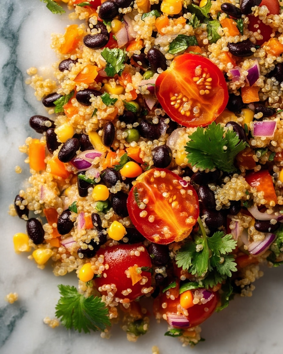 This image shows a close-up of a colorful quinoa salad with many small layers mixed together. The base layer is light beige quinoa grains spread evenly. Mixed in are small black beans scattered throughout, adding a dark contrast. Bright yellow corn kernels are spread evenly, adding pops of color. There are chopped orange bell peppers and diced red onions, which add texture and color specks. Slices of red cherry tomatoes are layered on top and inside the mix, showing their juicy interior with small seeds. Small pieces of green cilantro leaves are mixed in, adding fresh green touches. The salad sits on a white marbled surface. photo taken with an iphone --ar 4:5 --v 7