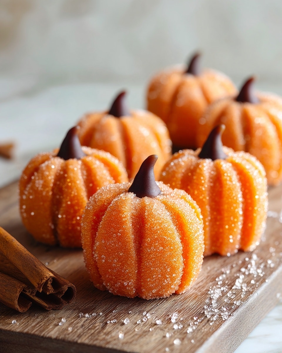 The image shows small pumpkin-shaped treats arranged in groups on a wooden board. Each pumpkin is a single layer of ridged round orange dough, coated with sugar that sparkles lightly, with a small dark chocolate piece placed on top as the pumpkin stem. The wooden board has a smooth, natural texture and is positioned on a white marbled surface. Around the pumpkins, small scattered chocolate chips and cinnamon sticks add detail. In the background, a woman's hand reaches toward the treats, and a few autumn leaves appear near the edges. photo taken with an iphone --ar 4:5 --v 7