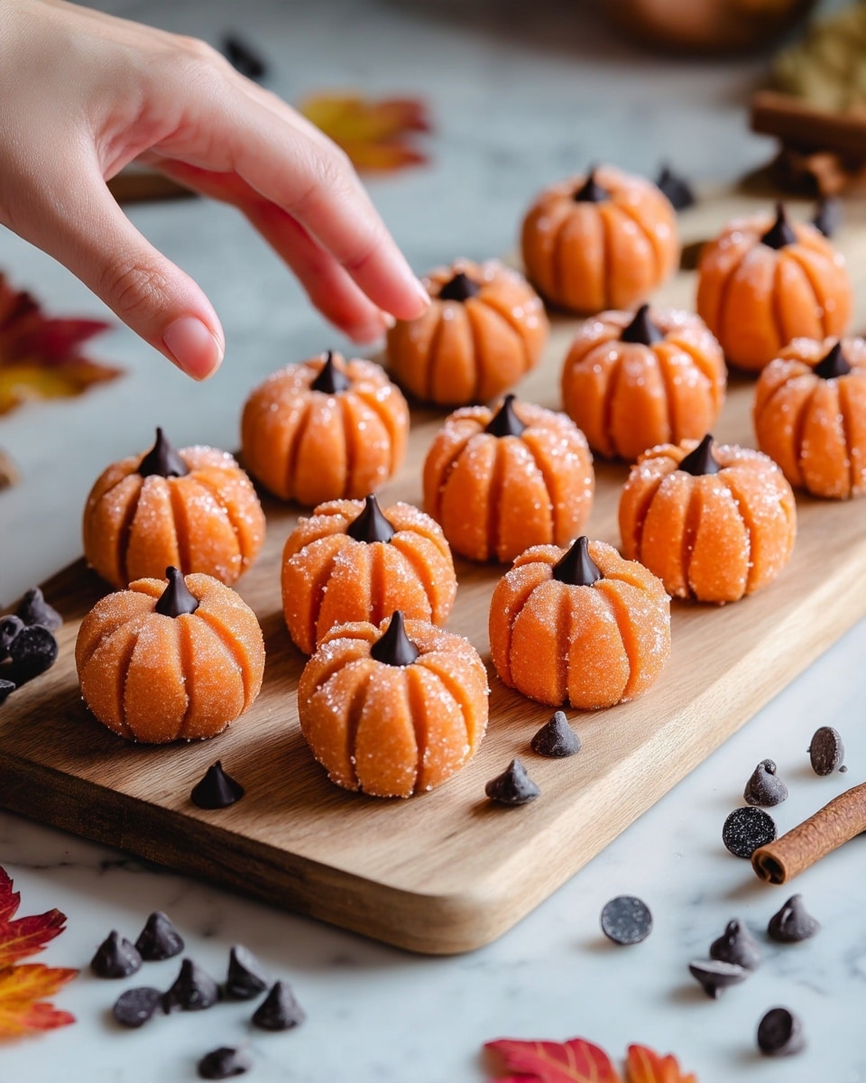 The image shows small pumpkin-shaped treats arranged on a wooden surface with a blurred background. Each treat is orange with a slightly grainy texture, coated lightly with sugar giving a sparkling effect. They have a round shape with defined segmented lines resembling a pumpkin, topped with a small dark brown piece that looks like a pumpkin stem. One treat at the front is missing a bite, showing a soft, dense inside with a smooth crumb. The wooden surface contrasts with the bright orange treats. Photo taken with an iphone --ar 4:5 --v 7