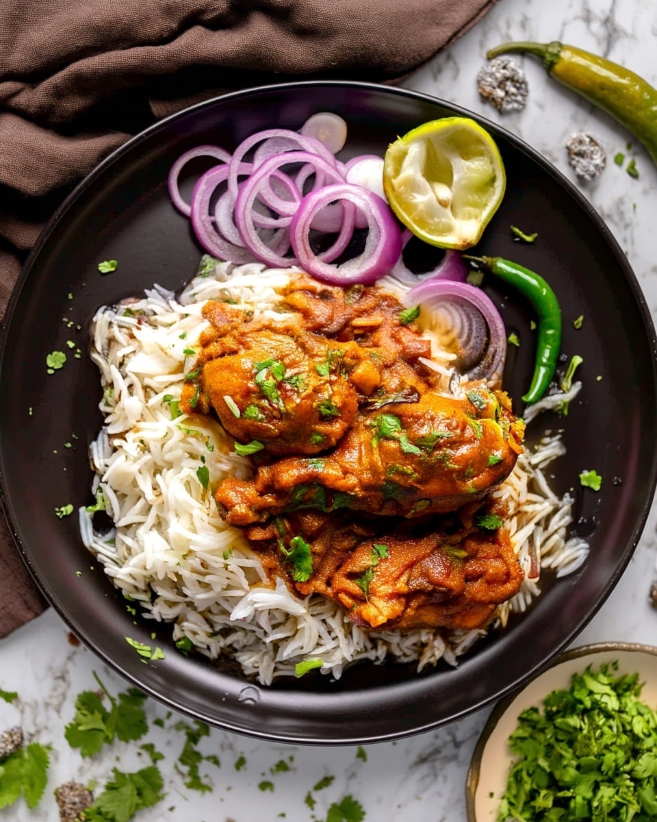 A round black plate holds a layer of white, long-grain rice spread evenly across the base. On top of the rice are three pieces of chicken covered in a thick, reddish-brown sauce with visible bits of herbs and spices, garnished with chopped green cilantro. To the upper left side of the chicken are thin, circular rings of purple onion stacked loosely. Beside the onions at the top edge of the plate is a halved lemon with a squeezed-out inside showing irregular texture and some juice remaining. To the right of the lemon is a whole green chili pepper. The plate rests on a white marbled surface with scattered bits of chopped cilantro and a brown cloth draped in the background. A small round white bowl with chopped green herbs is partially visible at the bottom right corner. photo taken with an iphone --ar 4:5 --v 7
