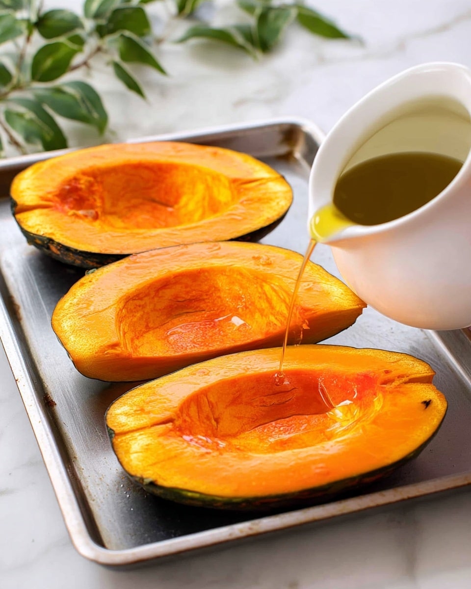 The image shows four large, bright orange pumpkin slices arranged in two rows on a metal baking tray. Each slice has a smooth texture with visible ridges and some areas of deep orange color. A white ceramic jug is tilted over the top right pumpkin slice, pouring golden oil onto it. The background is a white marbled surface with slight hints of green leaves on the left edge. The scene looks fresh and simple, focusing on the rich color and texture of the pumpkin slices being prepared. photo taken with an iphone --ar 4:5 --v 7