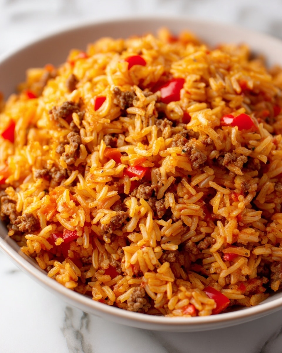 The image shows a close-up of a dish made of cooked rice mixed with ground meat and small pieces of red bell pepper. The rice looks soft and is orange from the sauce or seasoning, while the ground meat is brown and crumbly, evenly spread through the rice. The red bell pepper pieces add bright spots of color throughout the dish. The background is a white marbled surface, and no plate or bowl is visible. photo taken with an iphone --ar 4:5 --v 7