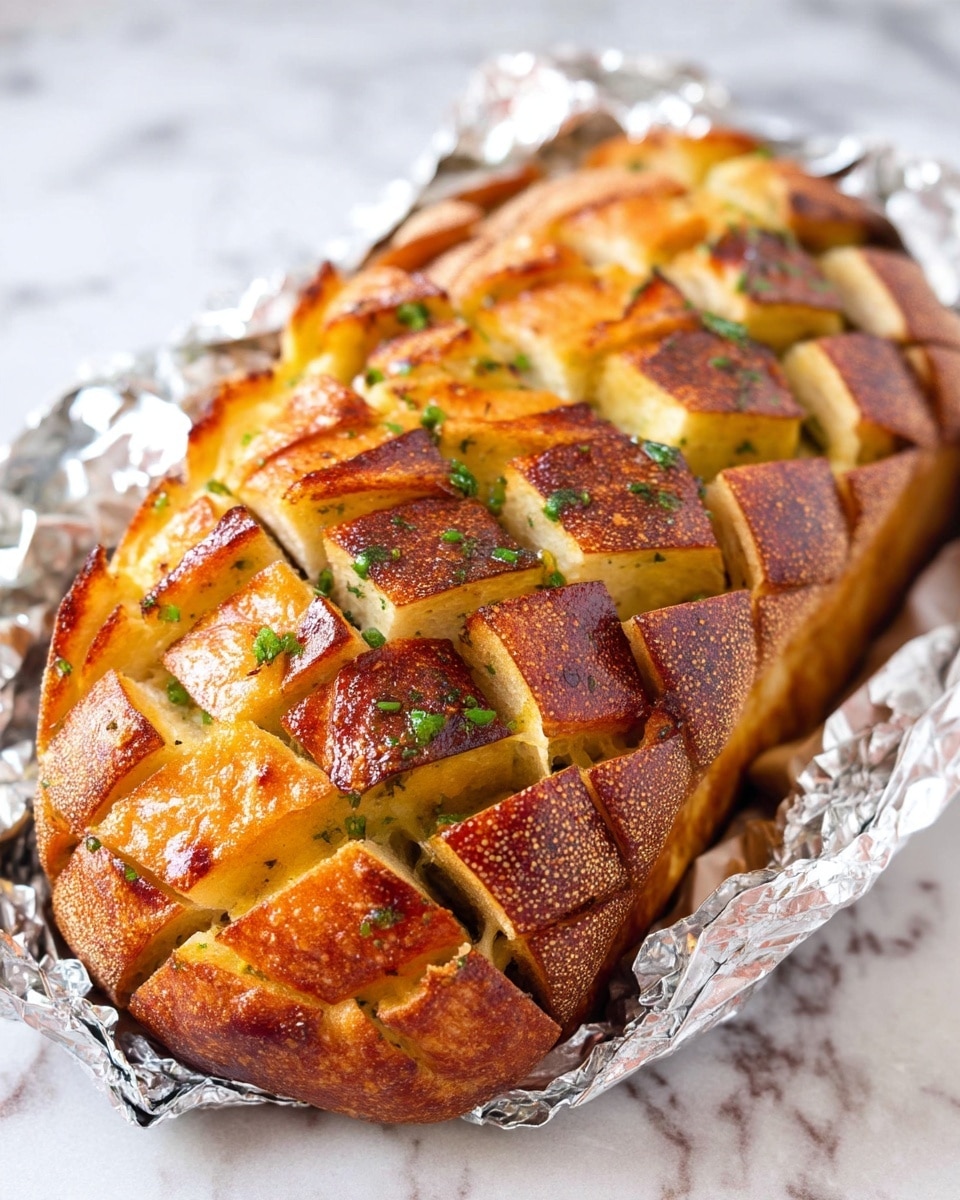 A loaf of bread is shown with a golden brown crust that is cut in a deep crisscross pattern forming diamond-shaped pieces. Each piece is slightly puffed and toasted, with a shiny surface indicating a butter or oil glaze, and small bits of green herbs sprinkled on top. The bread is wrapped loosely in crinkled foil, placed on a white marbled surface. The inside of the bread looks soft and light yellow, contrasting with the darker crust on top. photo taken with an iphone --ar 4:5 --v 7