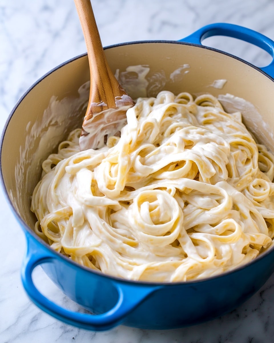 The image shows a blue pot filled with thick, creamy fettuccine pasta coated in a smooth white sauce. Two wooden spoons are in the pot, one at the top left and the other at the bottom right, both partly covered in the sauce, lifting and mixing the noodles. The pasta strands are evenly coated and slightly glossy, with the sauce clinging to each strand. The background is a white marbled surface. photo taken with an iphone --ar 4:5 --v 7