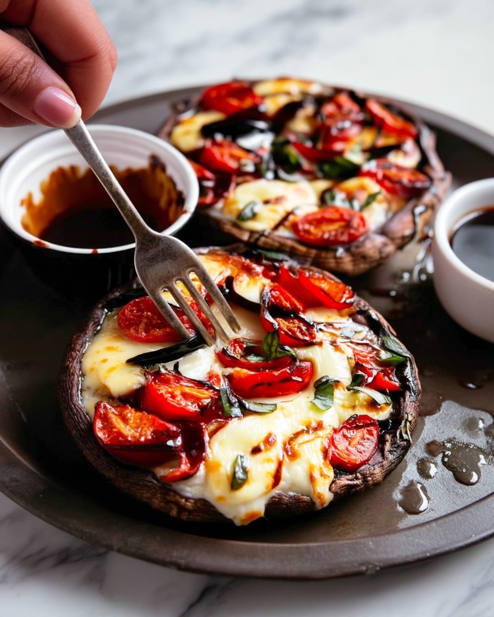 The image shows two large grilled portobello mushrooms placed on a dark pan with a white marbled surface underneath. Each mushroom is topped with a melted, creamy white layer of cheese, which is bubbly and slightly browned in spots. On top of the cheese, there are scattered slices of bright red roasted tomatoes and dark green fresh basil leaves, adding vibrant color contrast. One mushroom is being held with a fork and knife by a woman's hand, lifting a stretch of the melted cheese. There is also a small white bowl filled with a dark sauce visible in the background. Photo taken with an iphone --ar 4:5 --v 7