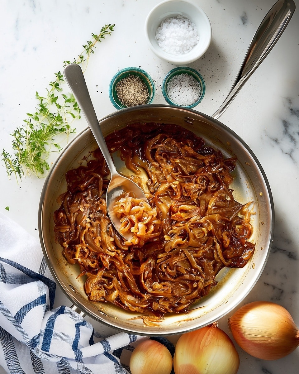 A silver pan filled with a single layer of cooked caramelized onions, glowing with a rich brown color and soft, slightly glossy texture, with a silver spoon resting inside, partly lifting some onions. Around the pan, white and blue striped cloth is partially visible at the bottom left, three whole light brown onions are placed at the bottom right, and small white bowls with coarse salt and black pepper sit above the pan on a white marbled surface, alongside a small bunch of fresh green thyme. The whole scene is lit softly, emphasizing the warm tones of the onions. photo taken with an iphone --ar 4:5 --v 7