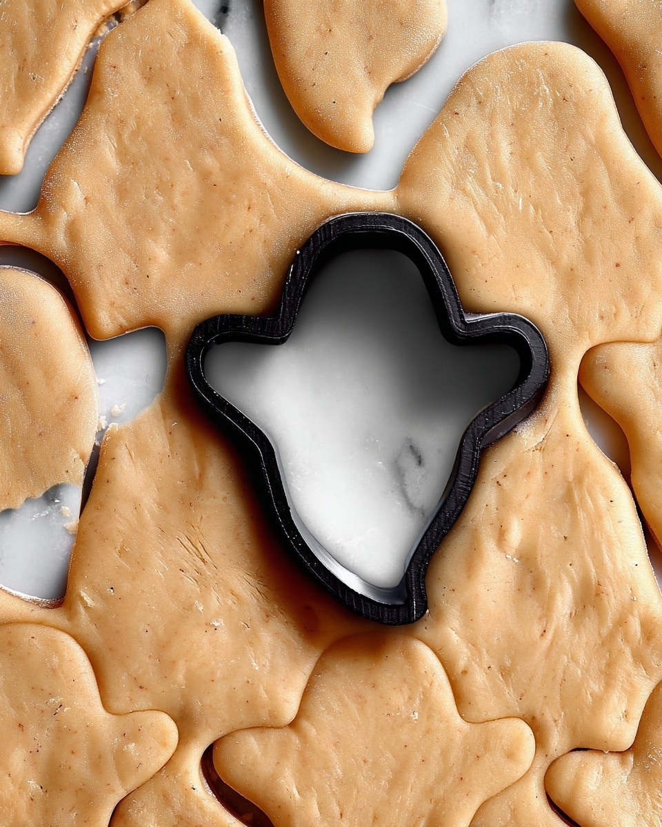 A close-up image shows smooth, light brown dough rolled out flat on a white marbled surface, with multiple ghost-shaped cookie cutouts pressed into it. In the middle, a black cookie cutter in the shape of a ghost sits firmly within one cutout, surrounded by the unbaked dough. The dough texture is soft and slightly speckled, and the shapes are evenly spaced, ready for baking. photo taken with an iphone --ar 4:5 --v 7