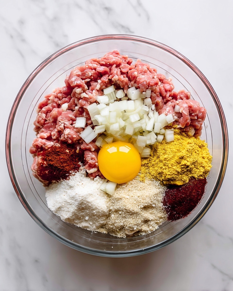 Mini Meatloaf in Muffin Tins with Savory Meatloaf Sauce Recipe 4 A clear glass bowl sits on a white marbled surface, filled with several separate layers of ingredients ready to be mixed. On one side, there is a pink ground meat layer with a soft texture, next to chopped white onions scattered over it. Below the meat, there is a bright yellow raw egg with a glossy surface. Around these central layers, different powders and sauces are placed in neat piles, including a white powder, a light beige grainy layer, a dark reddish-brown sauce, and a smooth yellow mustard-like layer. Each ingredient holds its shape clearly and is laid side by side, creating a mix of colors and textures inside the bowl. Photo taken with an iphone --ar 4:5 --v 7