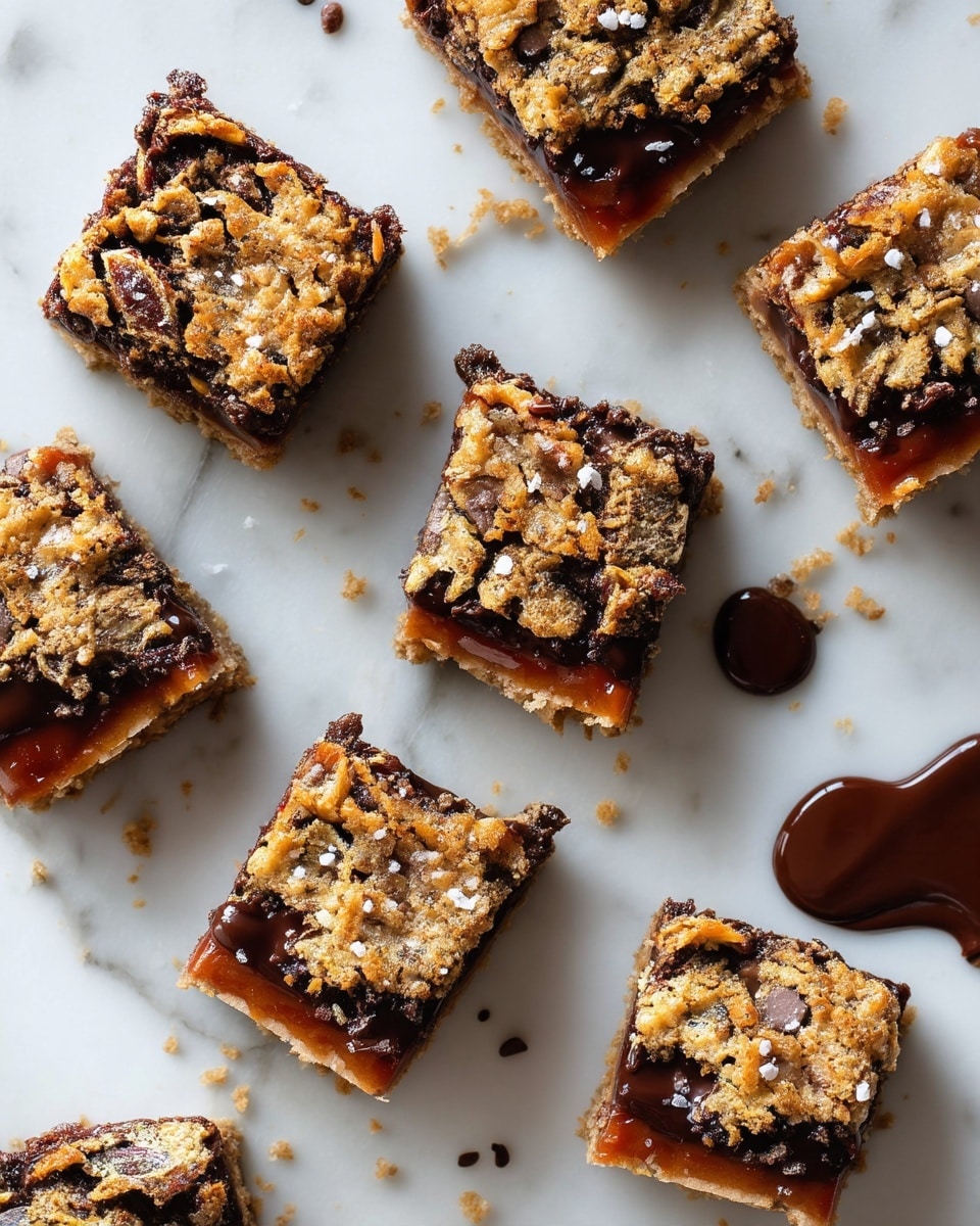 The image shows three thick square bars stacked close together, with one bar in front clearly visible. The bars have a rough texture with a golden brown base layer mixed with oats, nuts, and a crispy look. On top, there are dark, glossy chunks of melted chocolate and toasted nuts scattered unevenly, adding a rich variety of dark and light browns. The bars look moist and slightly sticky with small sparkling sugar crystals on the surface. They are placed on a wooden surface with a blurred background of more bars. photo taken with an iphone --ar 4:5 --v 7