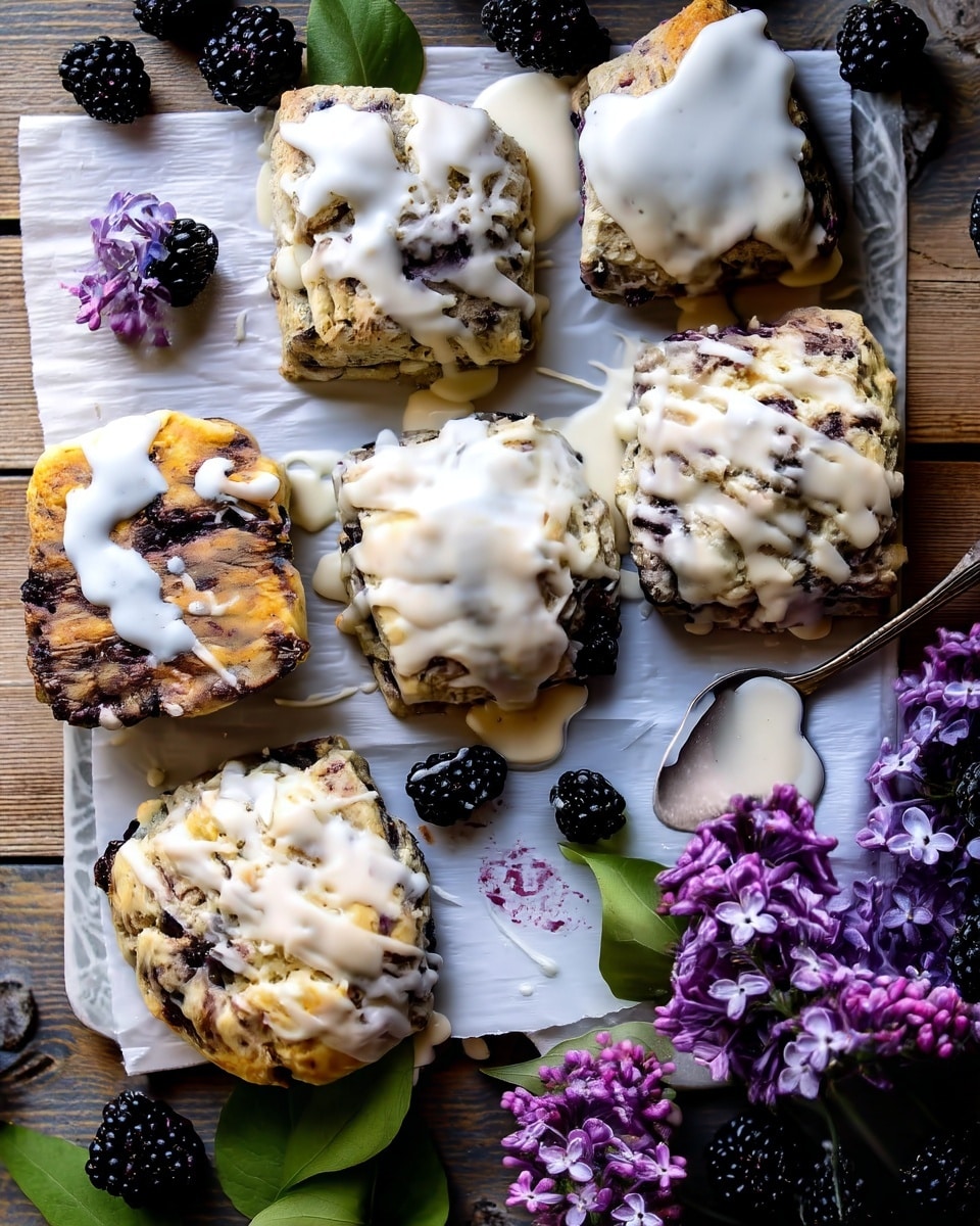Several thick, round scones with a rough crumbly texture are arranged on white parchment paper over a white marbled surface. Each scone has dark purple blackberries baked inside, giving rich purple and black spots throughout the golden-brown dough. A creamy white glaze is drizzled unevenly over the tops, some thicker in parts, melting slightly down the sides. One scone is broken into two rough pieces showing a moist inside with blackberry bits. A silver spoon with leftover glaze sits on the right next to bright purple flowers and shiny green leaves. The whole scene is well lit with soft light highlighting the textures and fresh berries. Photo taken with an iphone --ar 4:5 --v 7