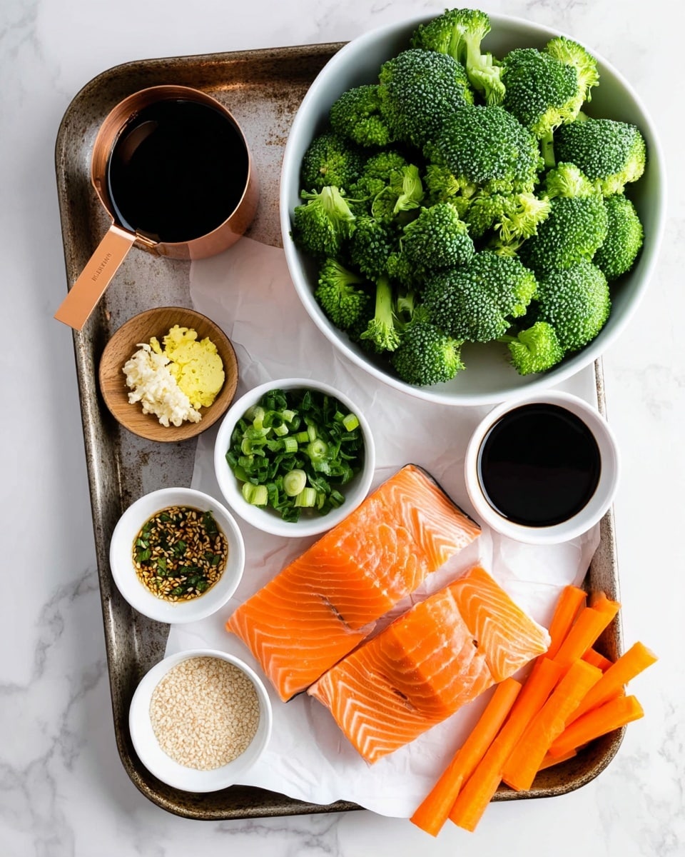 The image shows a white marbled surface with a white bowl filled with green broccoli florets on the right side. To the left, there is a metal tray holding orange carrot sticks on the top right, three pieces of bright pink salmon fillets laying on white paper on the bottom left, and five small round bowls scattered across the tray. The bowls contain white sesame seeds, chopped green onions, a mix of minced garlic and yellow ginger, light brown sugar, dark soy sauce in a copper measuring cup, and finely chopped green herbs. The colors are vibrant with the fresh vegetables and salmon standing out clearly. The overall layout is neat and prepared for cooking. photo taken with an iphone --ar 4:5 --v 7