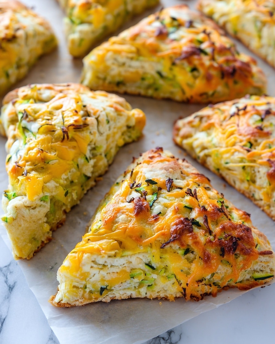 Several golden brown scones are shown close up, with a rough triangular shape and a fluffy texture. The scones have green flecks of herbs and shredded orange cheese melted on top and within, adding color contrast. They sit on a light brown parchment paper that rests on a white marbled surface, with a couple of fresh green zucchinis placed around them for decoration. The lighting highlights the crispy edges and soft inside texture of the scones. photo taken with an iphone --ar 4:5 --v 7