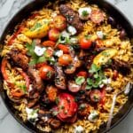 One Skillet Greek Chicken and Orzo with Tomatoes, Feta, and Tzatziki Recipe