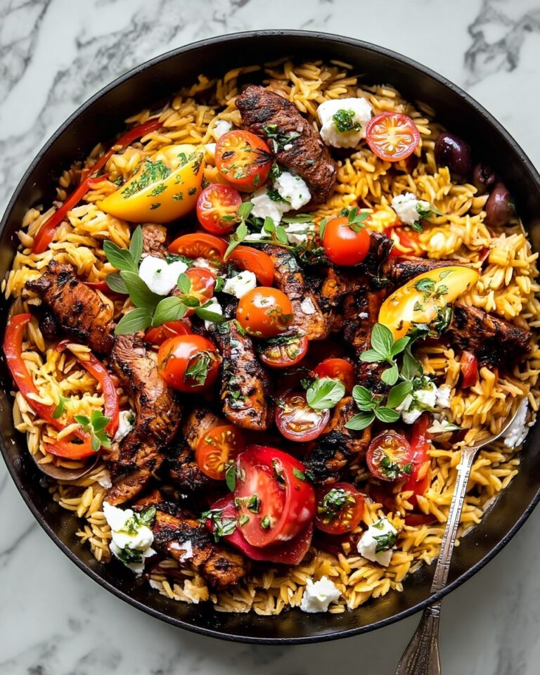 One Skillet Greek Chicken and Orzo with Tomatoes, Feta, and Tzatziki Recipe