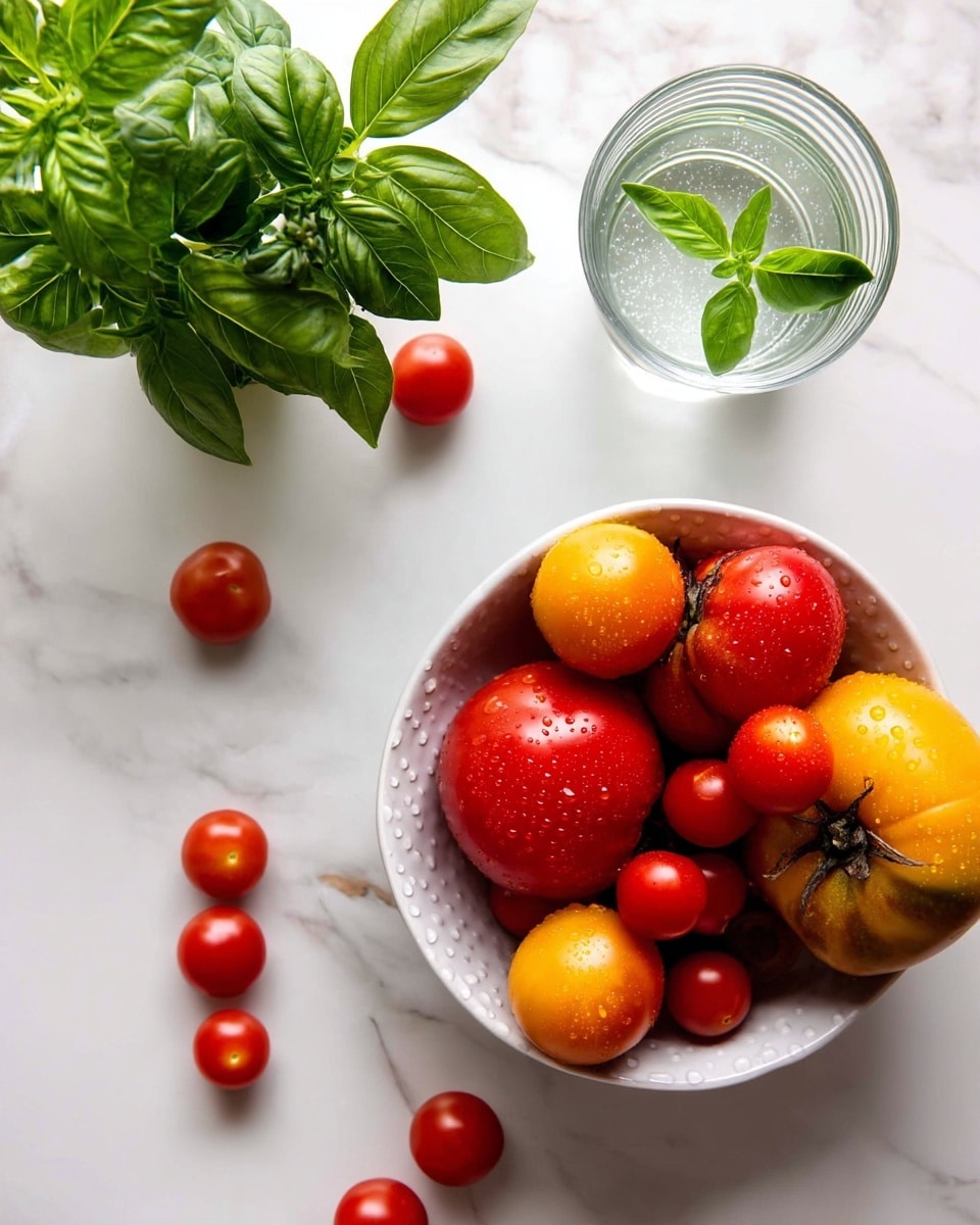 The image shows a collection of fresh tomatoes arranged on a white marbled surface. There is one white bowl filled with multiple small round cherry tomatoes that are red, along with three larger heirloom tomatoes in shades of yellow and red placed inside. Several cherry tomatoes are scattered around the bowl on the surface. There are also fresh green basil leaves, some inside a clear glass of water positioned on the right side, and some resting among the tomatoes. The overall colors are vibrant with the green leaves contrasting against the red and yellow tomatoes. Photo taken with an iphone --ar 4:5 --v 7