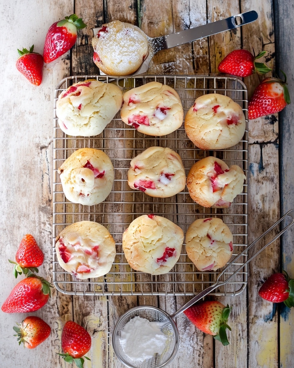Nine round strawberry cookies with a light golden color and small red strawberry pieces inside are arranged on a metal cooling rack. One cookie is slightly dusted with white powder and placed on a metal spatula above the rack. Several fresh strawberries with green leaves sit around the rack. Below, there is a small white bowl with white powder and a spoon inside. The rack is set on a rustic wooden surface changed to a white marbled texture. Photo taken with an iphone --ar 4:5 --v 7