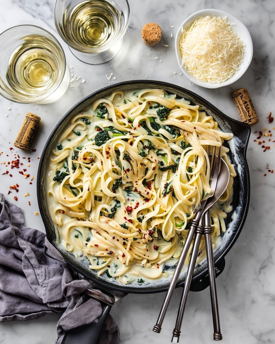 A black pan filled with creamy white pasta mixed with green leafy vegetables, dotted with red chili flakes. The pasta strands are thick and coated in a smooth sauce, slightly pooling at the edges of the pan. Two silver forks rest inside the pan on the right side, with their handles extending outward. Next to the pan is a small white bowl filled with grated cheese. Around the pan, there are two glasses of white wine, a cork, and some scattered cheese and chili flakes on a white marbled surface. A crumpled gray cloth is near the handle of the pan. photo taken with an iphone --ar 4:5 --v 7