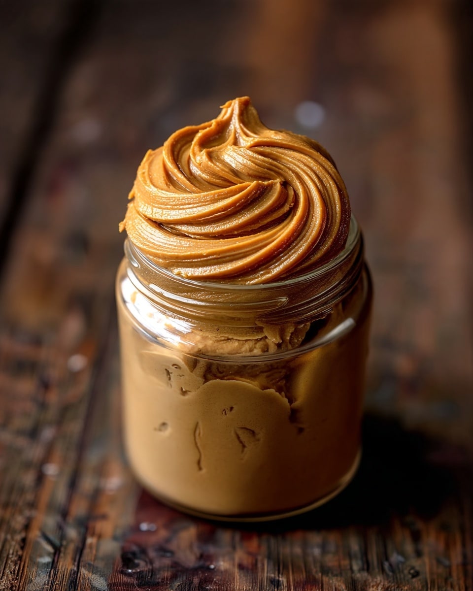 A close-up image of a glass jar filled with thick, creamy peanut butter piled high above the jar's rim. The peanut butter has a smooth yet slightly textured surface with swirled peaks, and a black spoon stands upright inserted into it. The jar is placed on a white marbled surface that contrasts with the creamy light brown color of the peanut butter. photo taken with an iphone --ar 4:5 --v 7