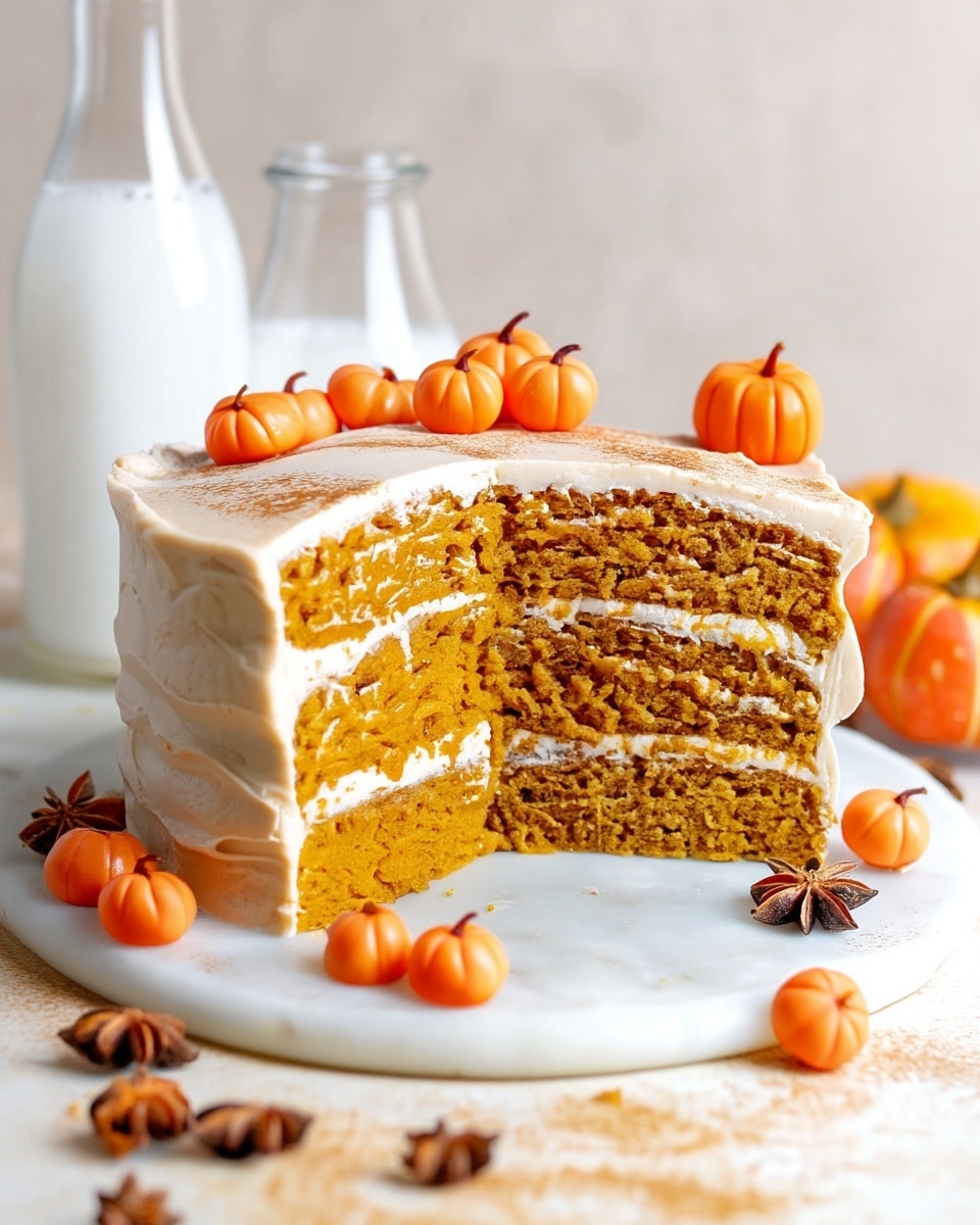 Pumpkin Cake with Cinnamon Cream Cheese Frosting Recipe 5 A four-layer orange cake with a soft, spongy texture is covered in a light tan frosting that appears smooth and creamy. Each layer is separated by a thin coating of white frosting, and the outside is evenly coated with the same light tan frosting. Small, bright orange mini pumpkins sit on top of the cake, adding a decorative touch. The cake is placed on a white marble surface with scattered star anise and tiny orange pumpkins around it. In the background, there are clear glass bottles with white liquid. The overall setting uses a light, soft color scheme with a white marbled texture surface. photo taken with an iphone --ar 4:5 --v 7