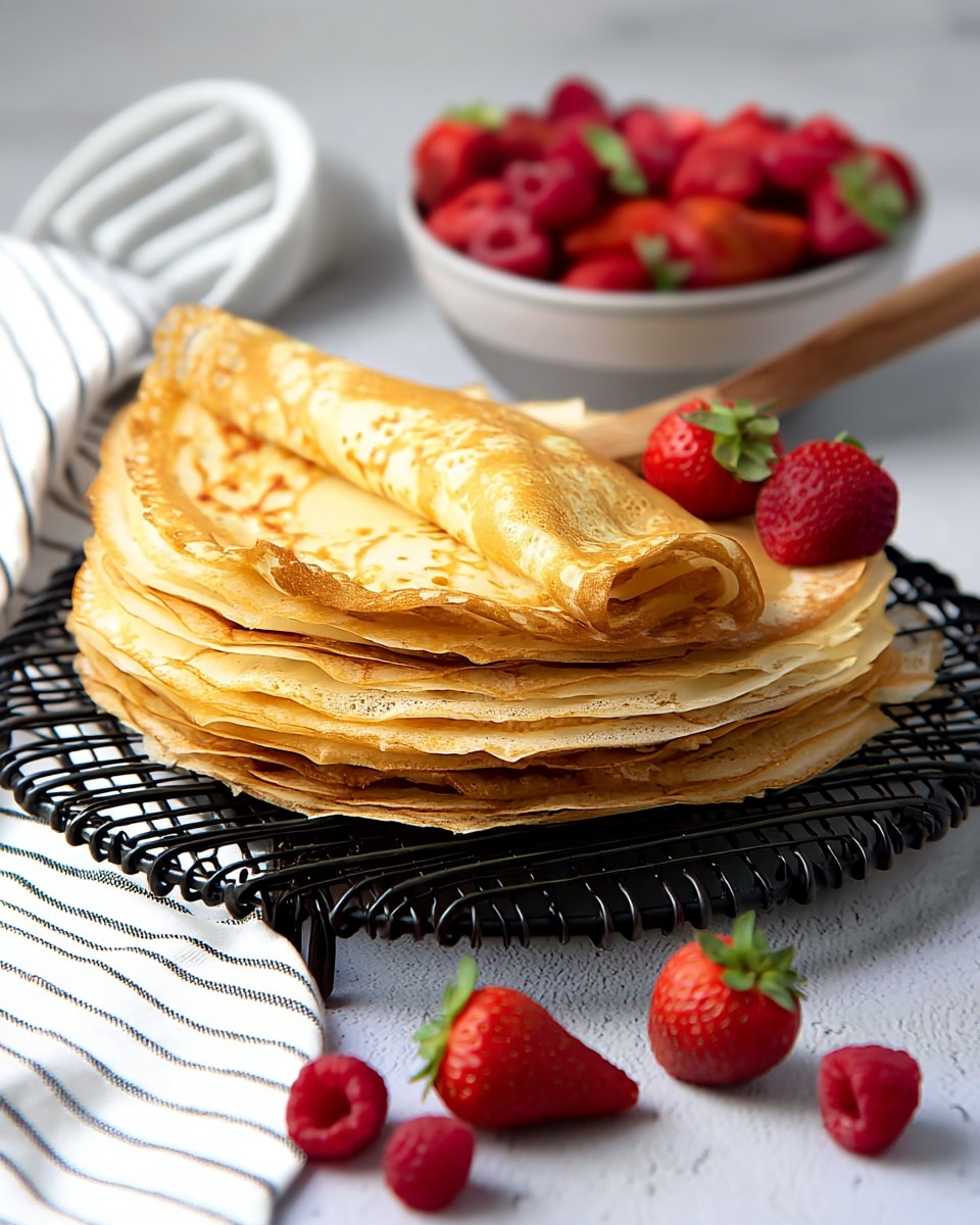 Classic French Crepes with Lemon and Sugar Recipe 5 A stack of thin, golden-brown crepes sits on a black wire cooling rack with a wooden handle sticking out to the right. The top crepe is partly folded, showing a smooth, slightly translucent texture. Behind the crepes, a white bowl filled with bright red strawberries and raspberries rests on a white marbled surface. A white cloth with black stripes and a few scattered strawberries and raspberries are placed near the rack. The overall look is clean, fresh, and light, with soft natural lighting. photo taken with an iphone --ar 4:5 --v 7