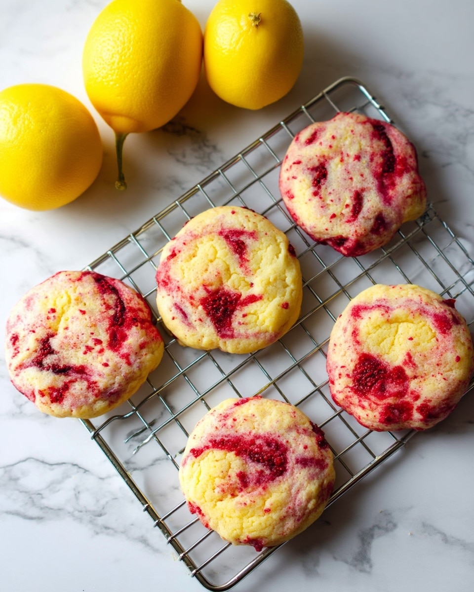 A tall stack of eight light-colored cookies with bright red berry swirls inside each one is shown on the right side of the image. The cookies have a soft, round shape with a slightly bumpy texture. On the left side, two whole yellow lemons with smooth skin are placed in front of the cookies. The background and the surface below are a clean white marbled texture. photo taken with an iphone --ar 4:5 --v 7