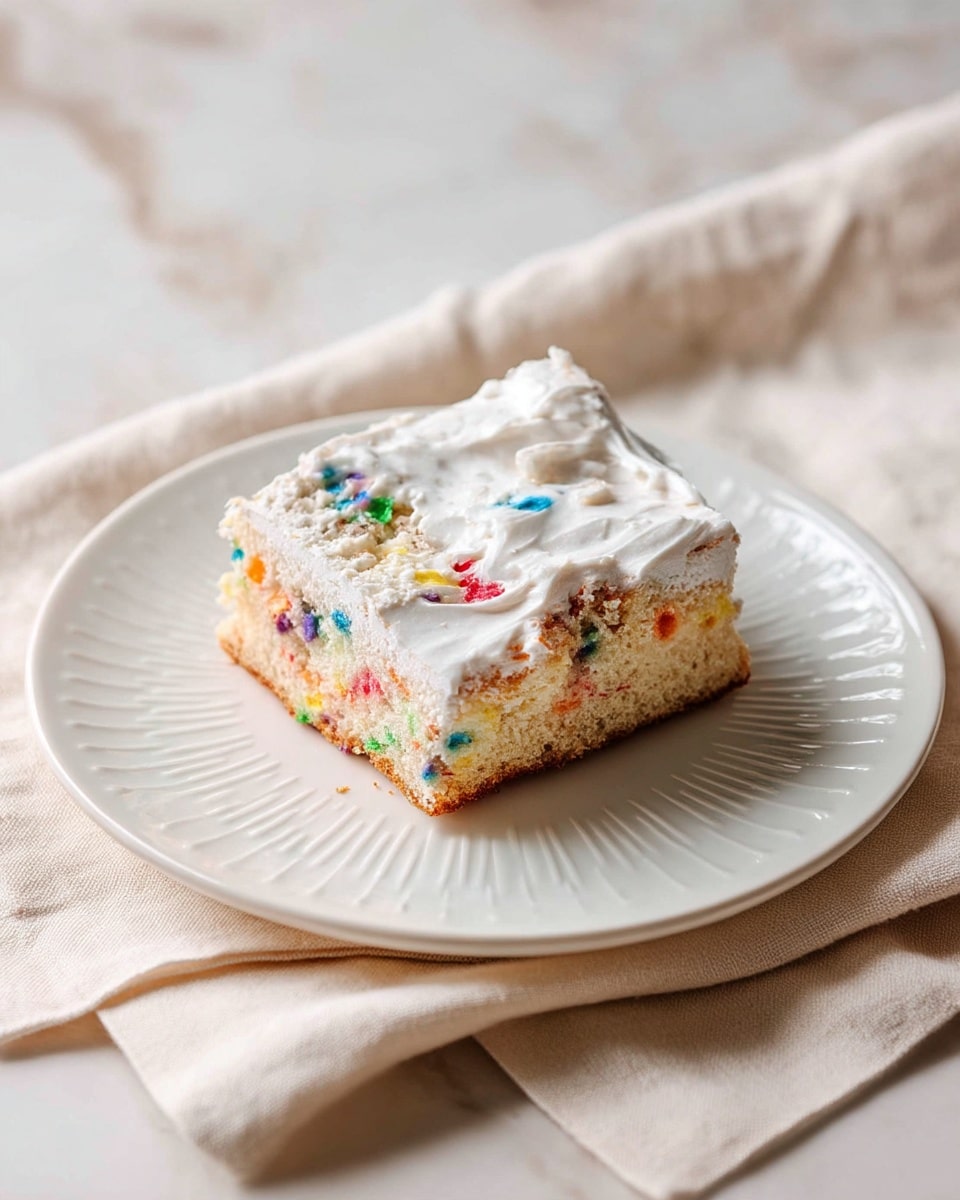 A single square slice of light, fluffy cake with colorful confetti pieces scattered inside sits on a white plate with a ridged edge. The top layer is covered with a thick, uneven layer of white frosting, slightly textured and creamy. The plate rests on a light beige cloth over a white marbled surface. The cake’s edges show a golden brown crust, contrasting with the soft interior that has bright spots of red, green, blue, yellow, orange, and purple. photo taken with an iphone --ar 4:5 --v 7